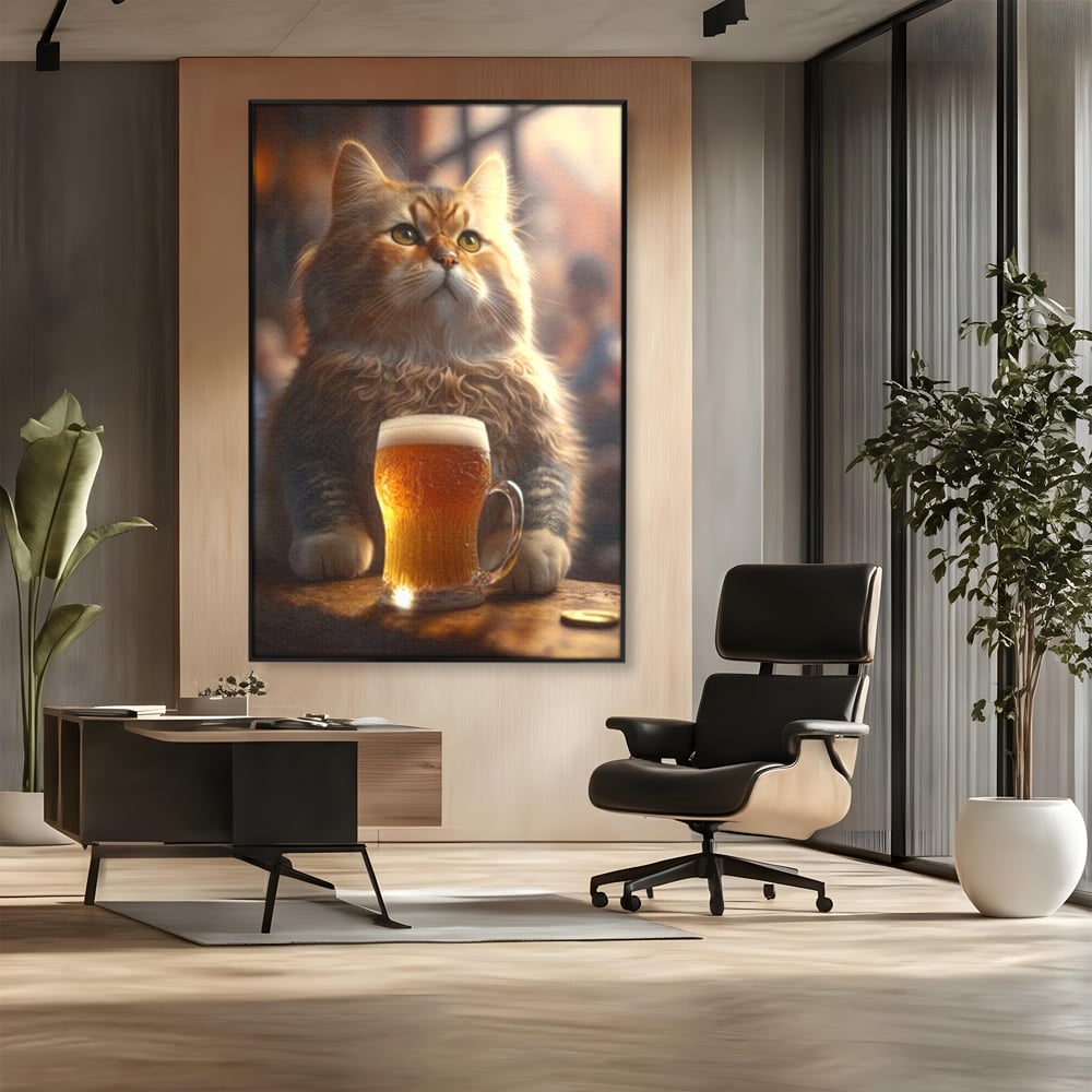 Tablou canvas cu tablou canvas cu motan pufos si halba de bere, in rama de aluminiu negru, pe perete intr-un birou